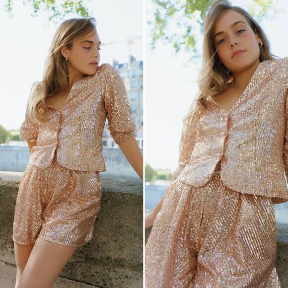 NWT MAJE Sequin Shorts In Metal Pink Size XS Rose Gold Flouncy Dress Shorts Chic - Picture 2 of 16